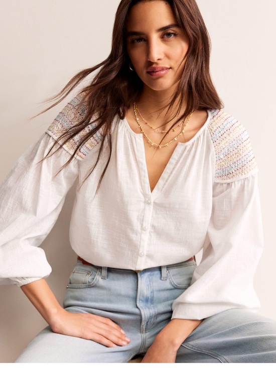 Boden Tops - Boden White Cotton Smocked Shoulder Blouse with Pastel Accents